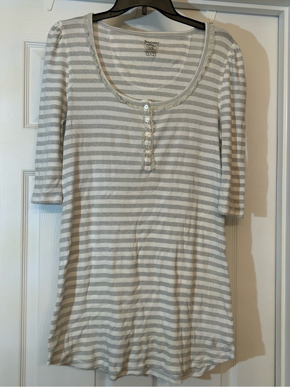 Juicy Couture Gray/Silver & White Striped Scoop Neck Henley Mini Dress Size M